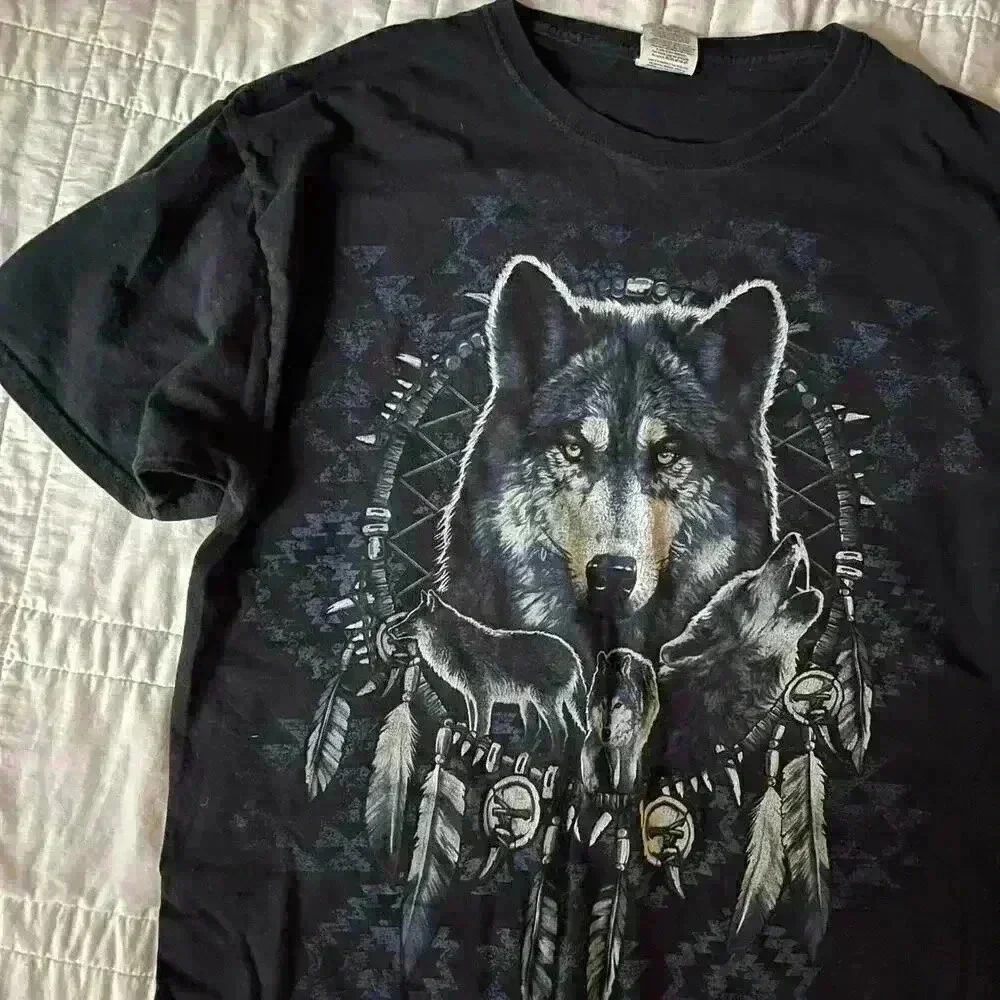 Vintage 90s wolf dream catcher black graphic t shirt mens large streetwear fall - Picture 4 of 4